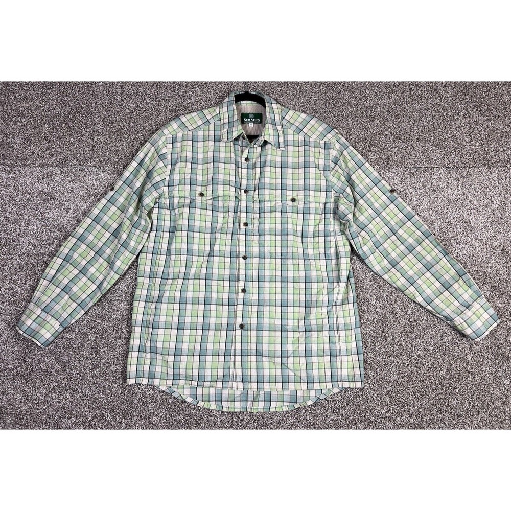 Schnee's Button Shirt Men's Medium Green Vented Fishing Plaid Hiking Lightweight
